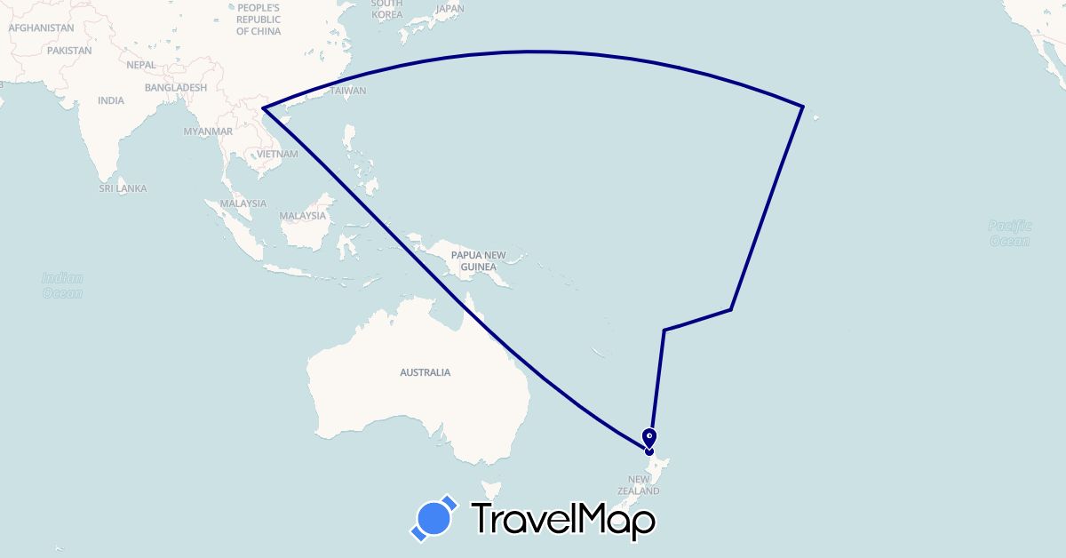 TravelMap itinerary: driving in Fiji, New Zealand, United States, Vietnam (Asia, North America, Oceania)